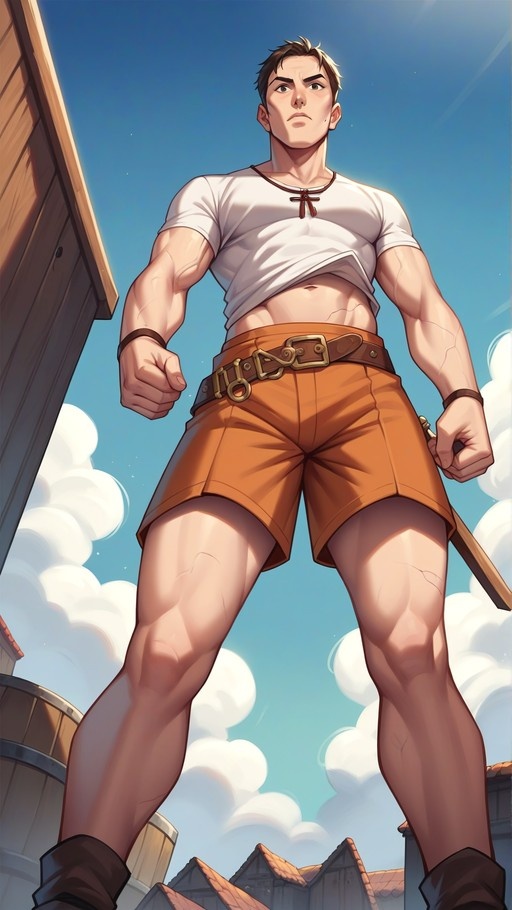 A low-angle view of a muscular man in a white shirt and orange shorts standing tall against a blue sky, towering over wooden buildings.