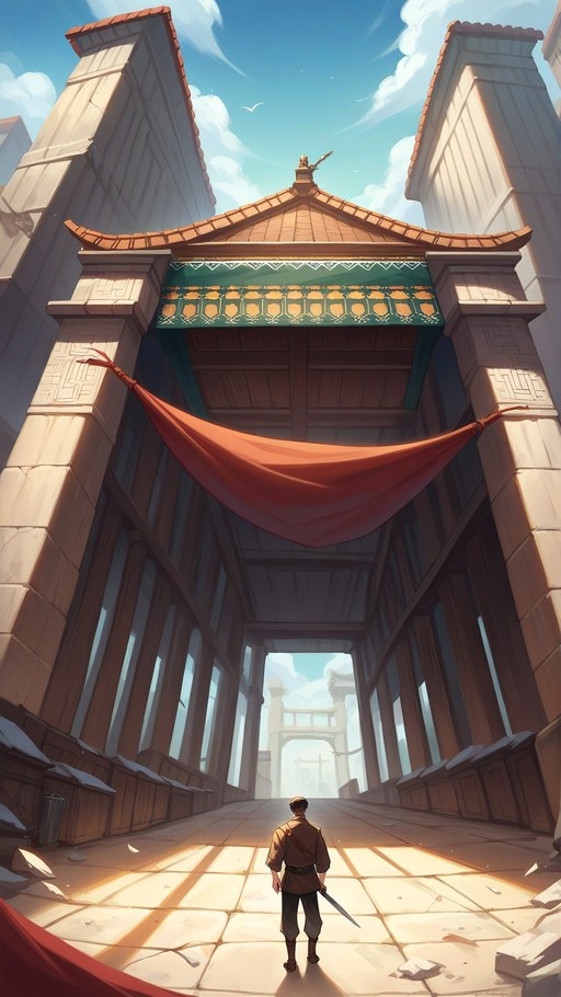A lone man in brown clothing stands in a sunlit stone corridor with tall pillars and hanging banners, holding a sword.