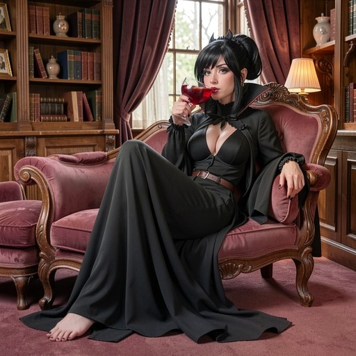 A woman in a black vampire costume with horns sits on a pink chair in a library drinking red wine.