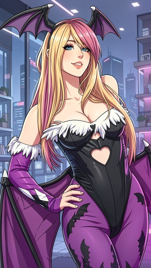 A digital illustration of a woman cosplaying as Morrigan Aensland with blonde and pink hair, wearing a black leotard with a heart cutout, purple fur-trimmed sleeves, and bat-like horns.
