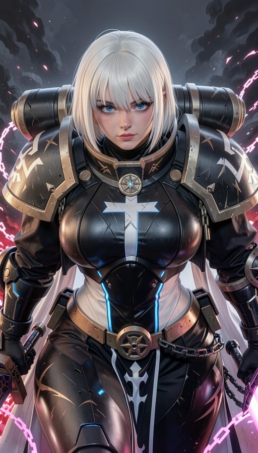 A digital painting of a white-haired female warrior in black and gold power armor holding two swords, with pink chains floating in the background.