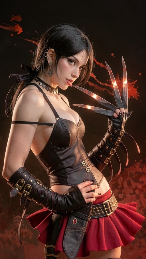 A woman with black hair wearing a black leather corset and red skirt extends a hand fitted with large, sharp metal claws against a background with red splatters.