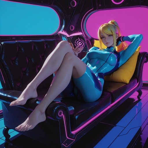 Samus Aran in a blue zero suit reclining on a black leather couch while reading a glowing book, illuminated by pink and cyan neon lights.