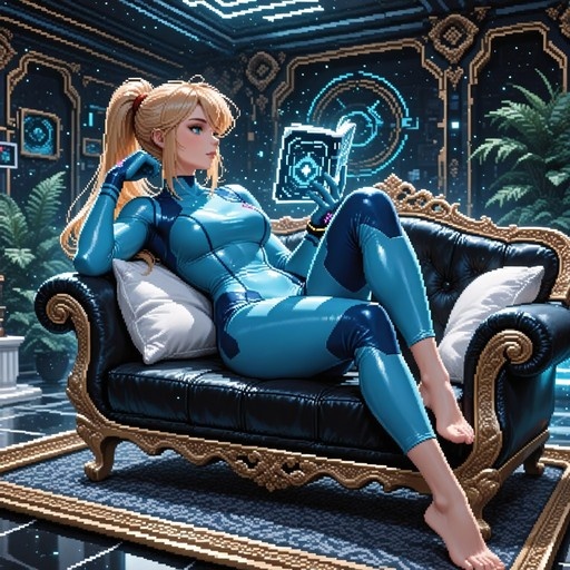 Samus Aran in a blue Zero Suit sitting on a black and gold couch reading a glowing book in pixel art style