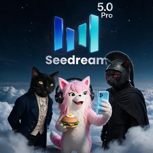 Three anthropomorphic cats posing for a selfie against a starry sky with the Seedream 5.0 Pro logo; one holds a burger, another wears a suit, and the third wears a helmet.