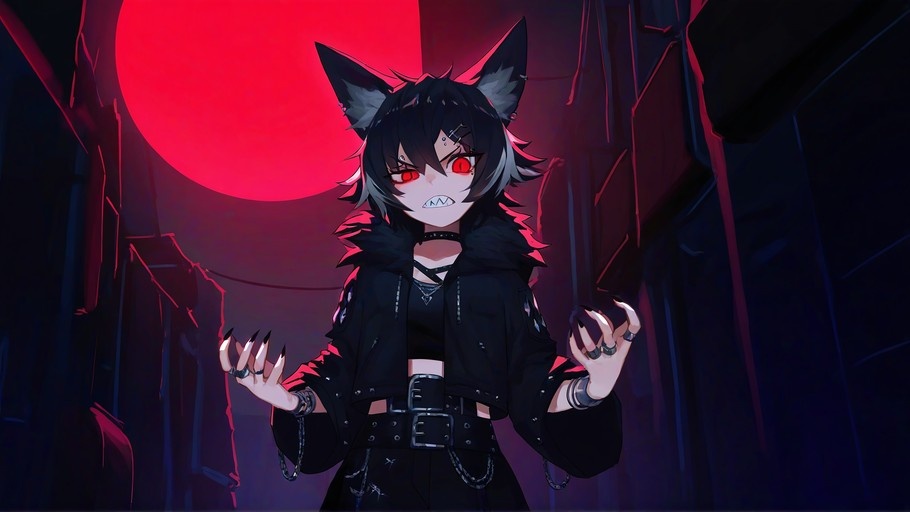 Anime-style wolf girl with black hair and red eyes snarling in a dark alley beneath a large red moon, wearing a fur-trimmed jacket and displaying sharp claws.