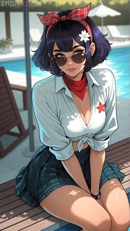 An anime-style illustration of a young woman with short dark hair wearing sunglasses and a red bandana, sitting on a wooden deck by a swimming pool in a tied white shirt and plaid skirt.