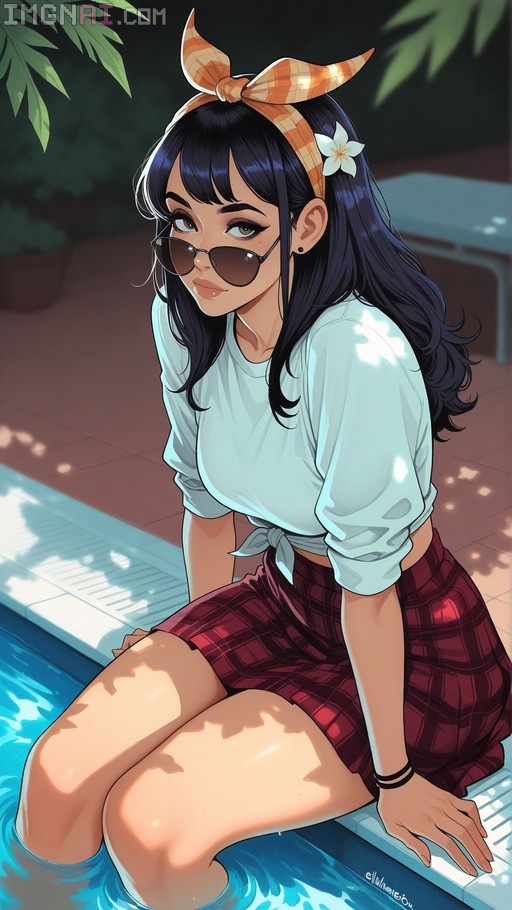 Anime girl with dark hair and sunglasses sitting by a pool in a plaid skirt, soaking her legs.