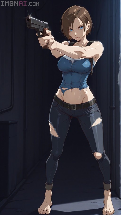 Jill Valentine from Resident Evil aiming a pistol while wearing a torn blue top and ripped jeans