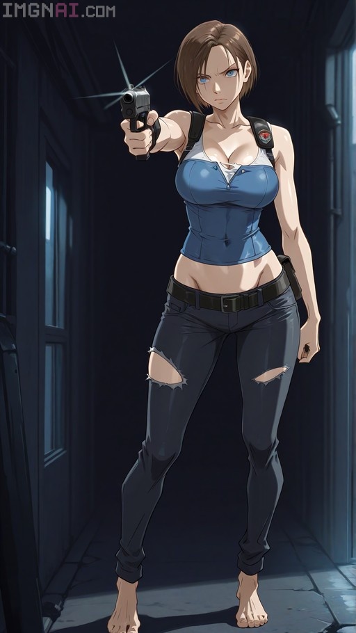 Jill Valentine from Resident Evil aiming a pistol in a dark hallway while wearing a blue top and torn pants
