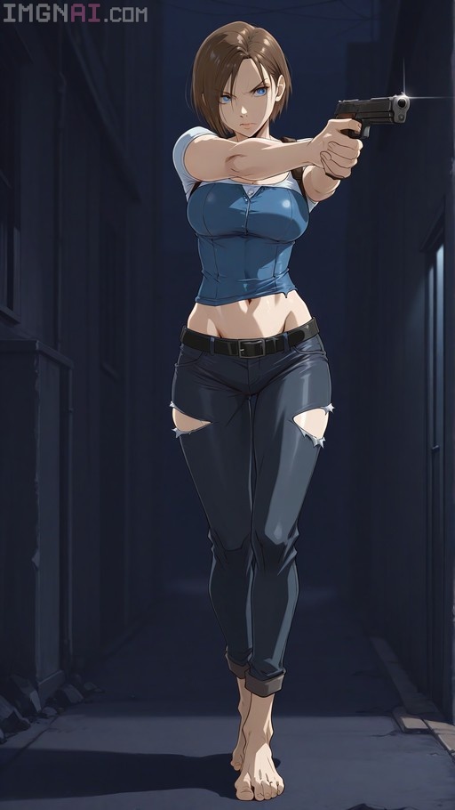 Jill Valentine from Resident Evil aims a pistol in a dark alley while wearing a blue crop top and torn jeans.