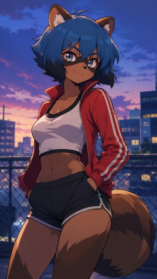 Kagemori Michiru, a raccoon girl with blue hair and brown fur, stands in a red track jacket and black shorts against a city sunset.