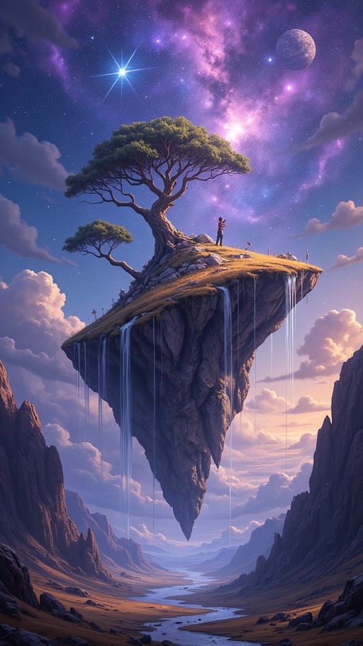A fantasy digital painting showing a floating island with a large tree and waterfalls falling into a valley, set against a starry purple sky with a planet.
