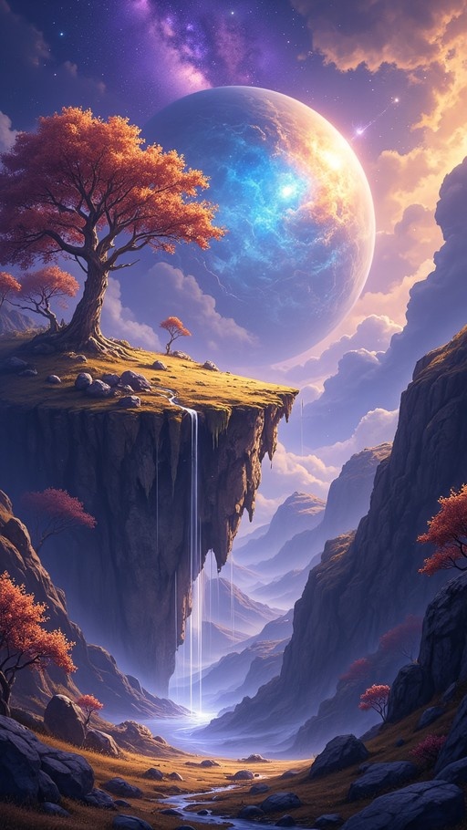 A fantasy illustration of a floating cliff with orange trees and a waterfall, set against a backdrop of mountains and a large blue planet in a starry sky.