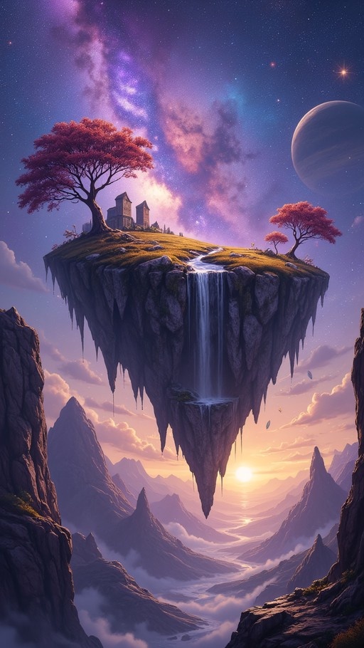 A fantasy floating island with a cascading waterfall, red trees, and stone houses hovering above misty mountains under a starry sky with a large planet.