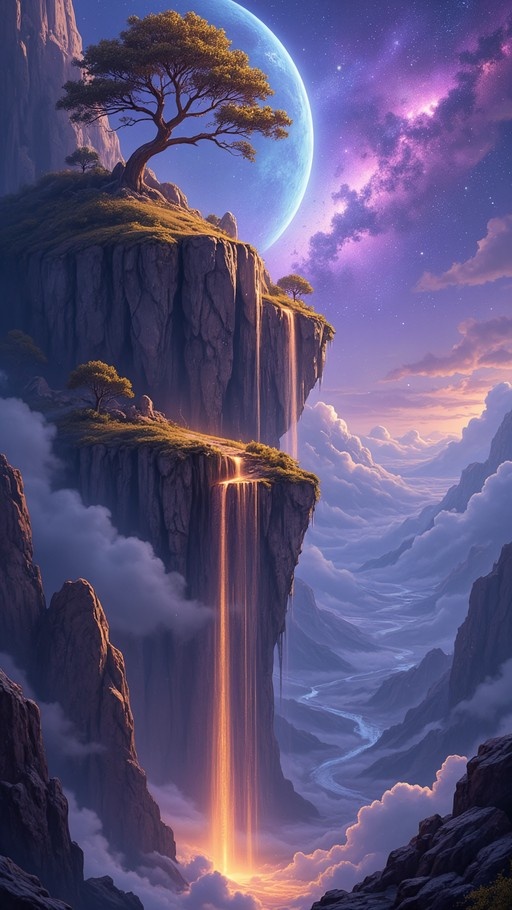 A digital painting of a floating cliffside landscape with a cascading golden waterfall, a large tree, and a massive blue planet in a starry purple sky.