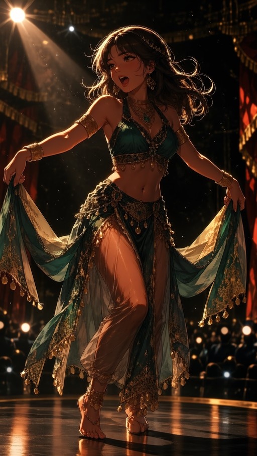 A digital illustration of a female belly dancer in an emerald green harem costume performing under stage spotlights.