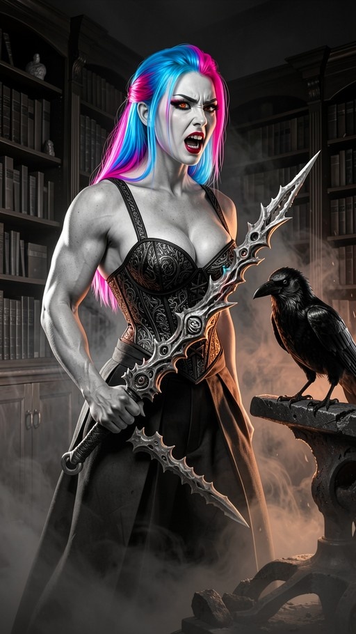 Muscular pale-skinned woman with blue and pink hair holding a large jagged sword next to a black crow in a library.