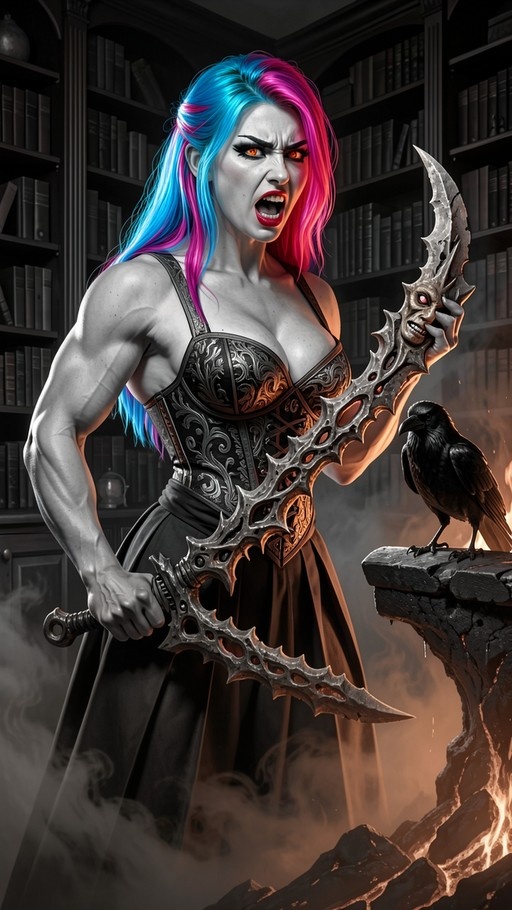A muscular grey-skinned woman with blue and pink hair shouts while holding a large ornate sword in a dark library as a black crow watches from a stone ledge.