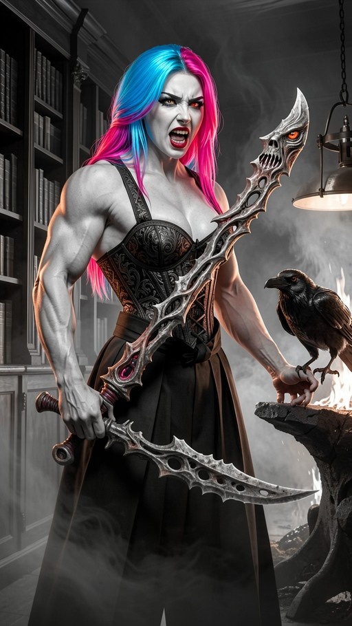 A muscular woman with grey skin and split blue and pink hair holds a large ornate scythe while a black crow perches on her hand in a library setting.