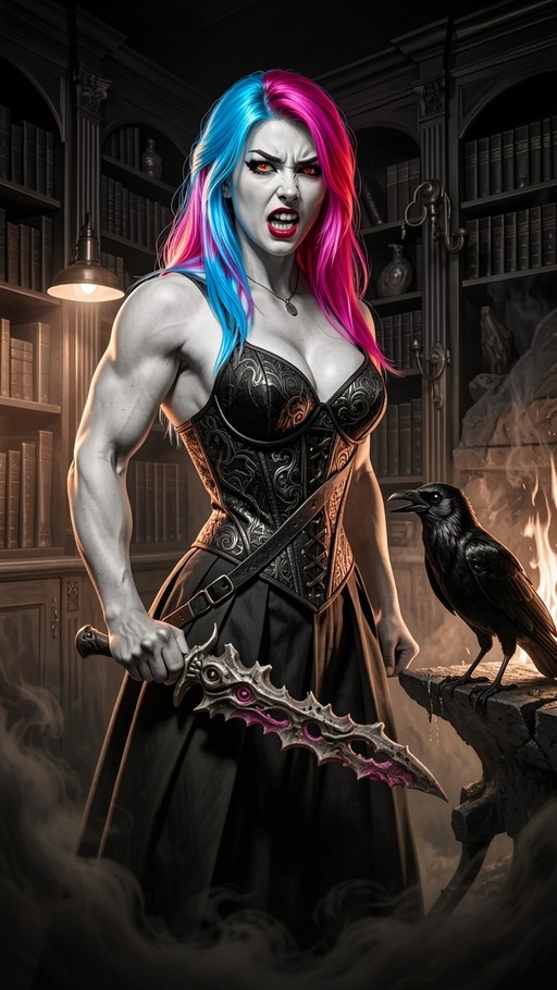 A muscular grey-skinned woman with pink and blue hair holds a dagger in a library while a crow watches.