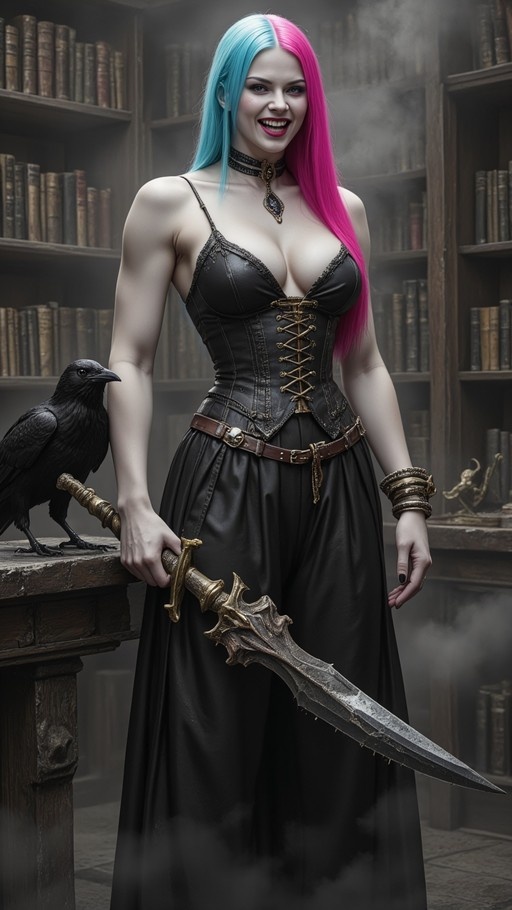 A fantasy illustration of a woman with pink and blue hair holding a large sword, standing next to a black crow in a library setting.