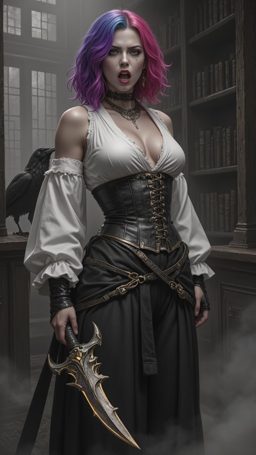 A fantasy woman with purple and pink hair wearing a corset and holding an ornate dagger stands in a library with a crow perched nearby.
