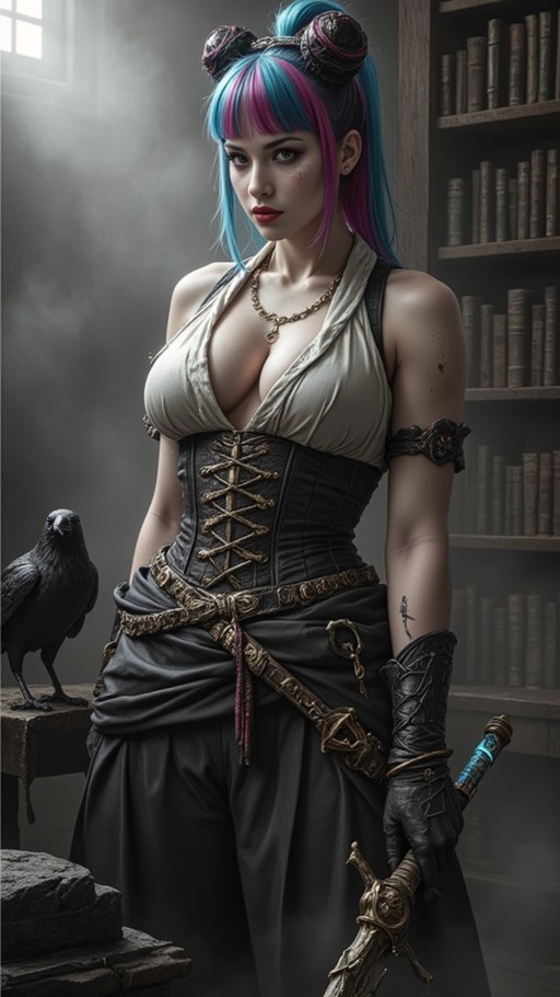 A fantasy warrior woman with blue and pink hair in buns stands indoors wearing a corset and holding a sword, with a black crow perched on a stone block beside her.