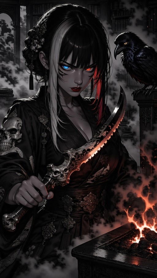 Pale woman with heterochromia holding a skull-handled curved blade next to a black crow in a smoky library.