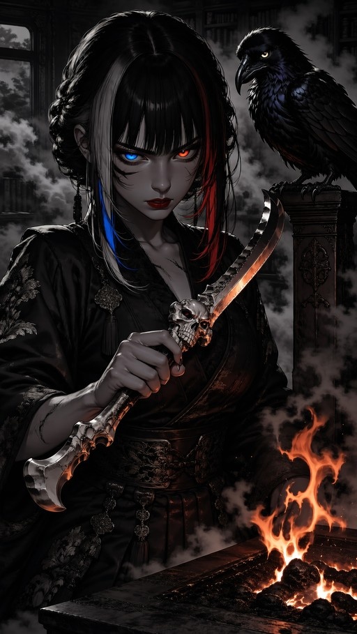 An anime-style girl with blue and red eyes holds a skull-handled dagger while a black bird perches near a fire.