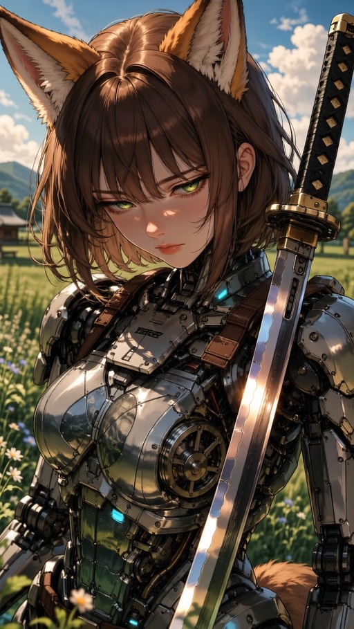A fox-eared woman in silver mechanical armor holding a katana in a grassy field with flowers.