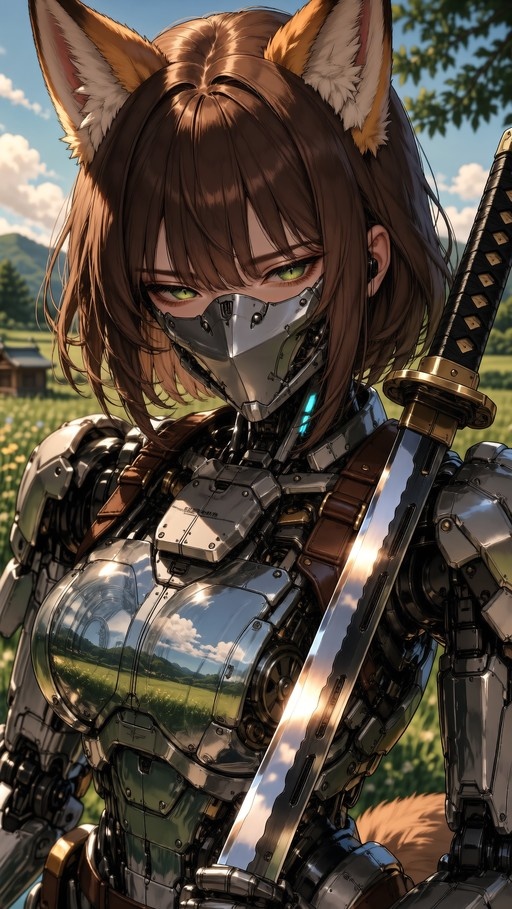 A cyborg fox girl with brown hair and green eyes wearing a metallic mask and futuristic armor while holding a katana in a grassy field.