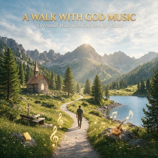Album cover art showing a man walking on a path towards a mountain with a cross, near a church and lake, with floating musical notes.