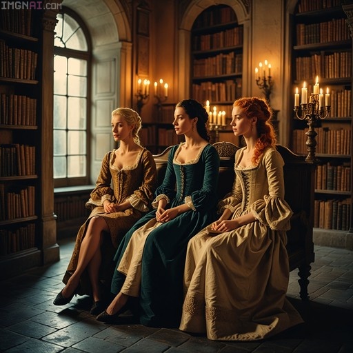 Three women in 18th-century gowns sitting on a bench in a library with bookshelves and candles.