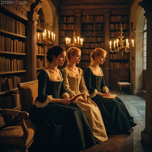 Three women in period dresses sitting on a bench in a library holding books