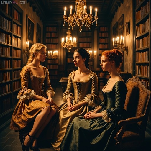 Three women in period gowns seated in a candlelit library surrounded by bookshelves.