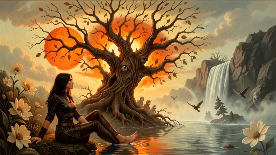 A woman sits barefoot on a rock by the water in front of a large tree with eyes, with a waterfall and sunset in the background.