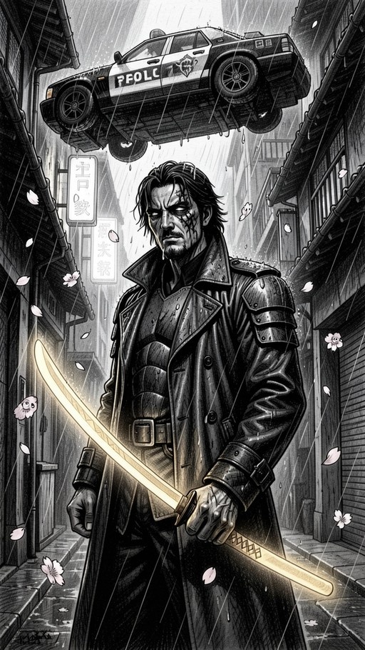 A scarred man in a trench coat holds a glowing yellow katana in a rainy alley with falling cherry blossoms and a floating police car, rendered in western comic style.