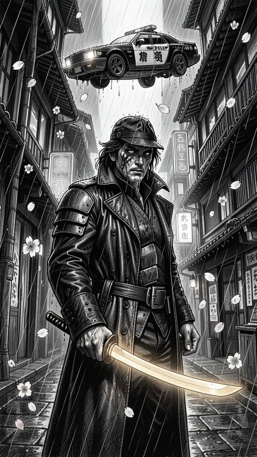 A scarred warrior in a trench coat holds a glowing katana in a rainy alley as a police car hovers overhead.