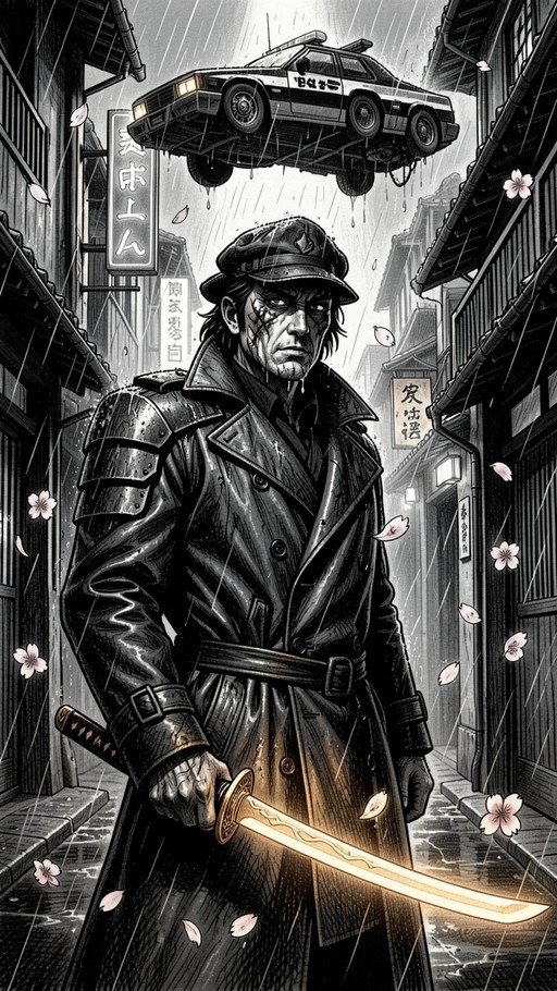 Scarred man in trench coat holding glowing sword in rainy alley with floating police car and falling cherry blossoms