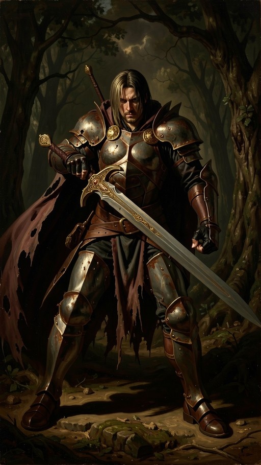 A full-body illustration of a male warrior in metal armor holding a large sword in a dark forest.