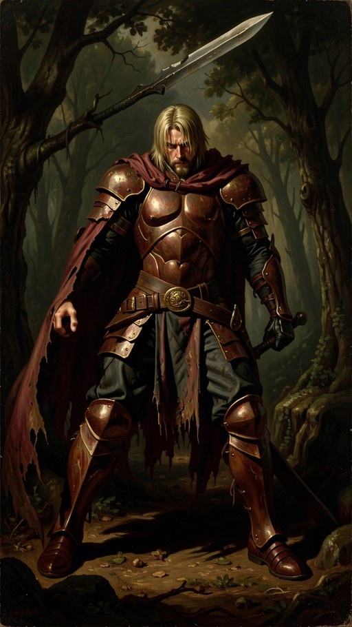 A blond bearded knight in reddish-brown armor and a tattered red cape stands in a dark forest holding a large sword over his shoulder.