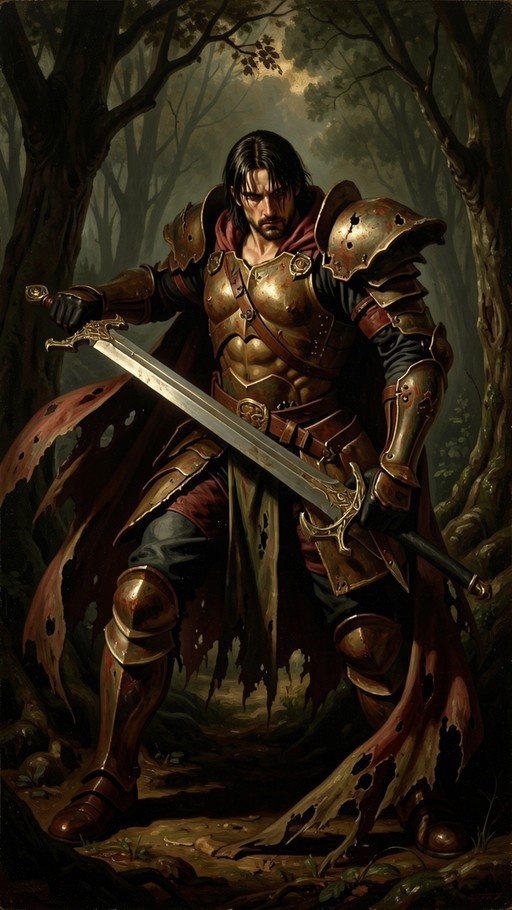 A full-body digital painting shows a bearded fantasy warrior in golden armor and a tattered red cape, standing in a dark forest while gripping a large sword with both hands.