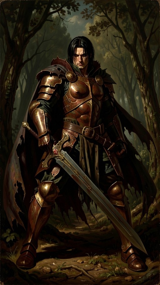 A full-body illustration of a dark-haired warrior in bronze armor holding a sword in a forest.