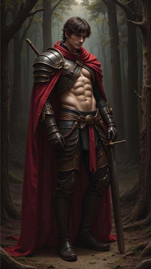 A full-body portrait of a muscular man in partial armor and a red cape standing in a misty forest holding a sword.