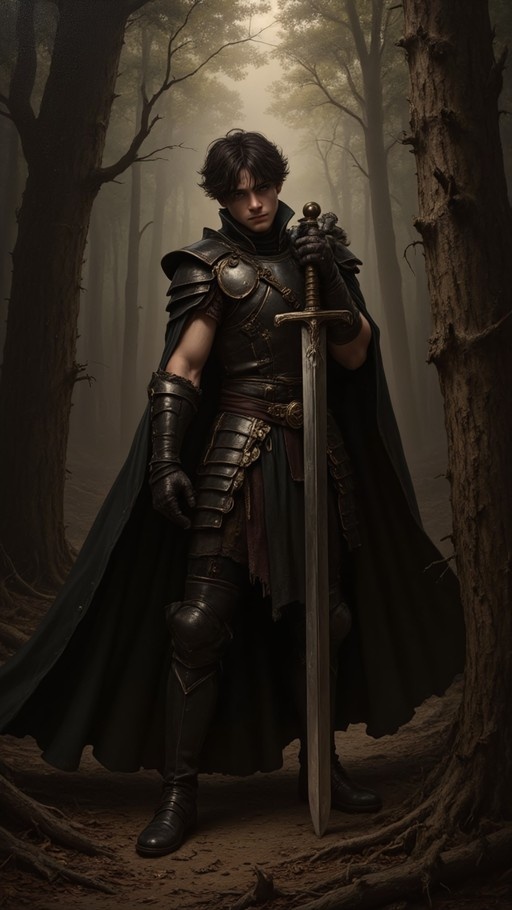 A young man in dark armor and a black cape stands in a foggy forest holding a sword upright with the tip on the ground.