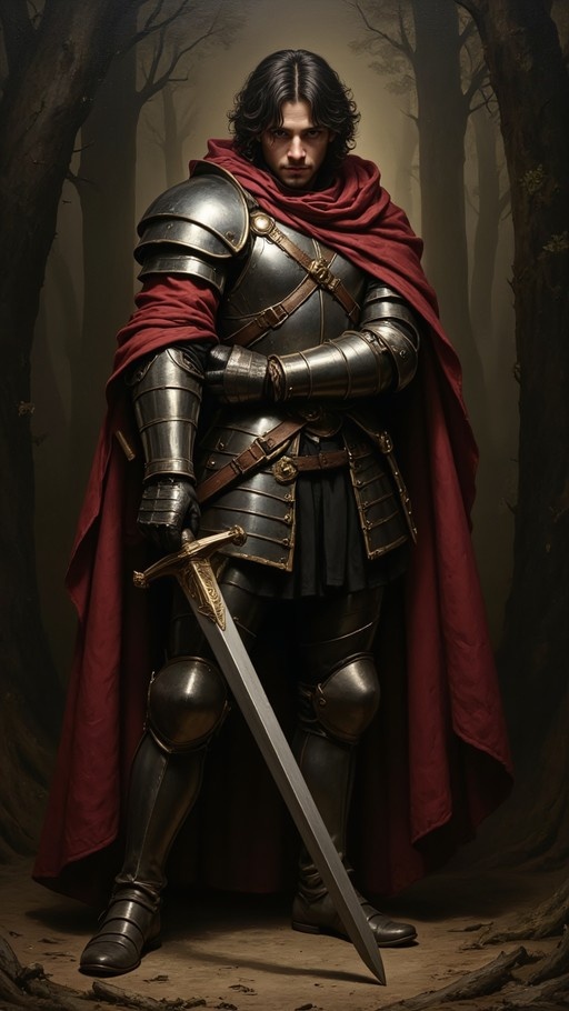 A knight in silver plate armor and a red cape stands in a dark forest holding a large sword.