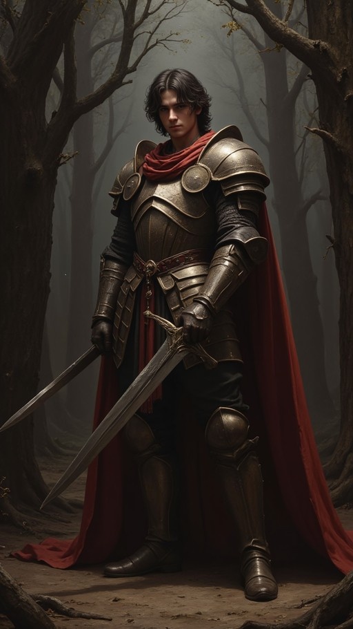 A dark-haired warrior in detailed bronze plate armor and a red cape stands in a misty forest, dual-wielding two swords.