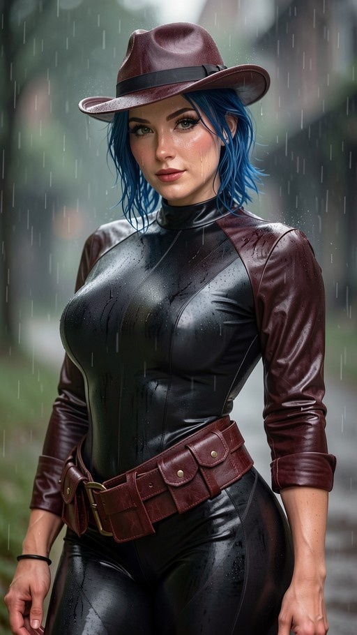 A realistic portrait of a blue-haired woman wearing a brown hat and black leather bodysuit standing in the rain with a wide utility belt.