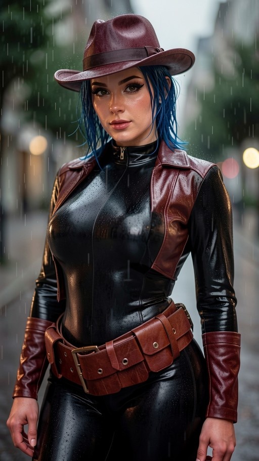 A woman with blue hair wearing a black bodysuit and brown fedora stands in the rain looking at the camera.